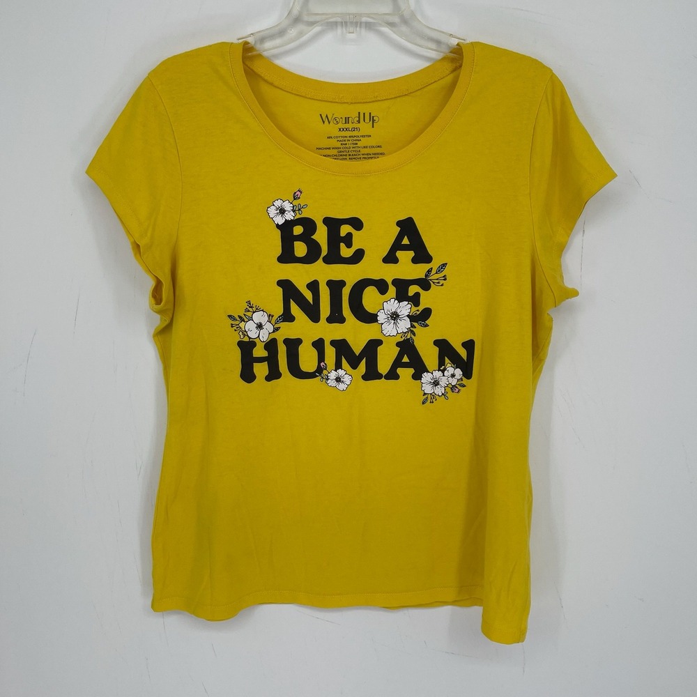 Wound Up Women's Yellow Floral Graphic Be A Nice Human Tee Size XXXL